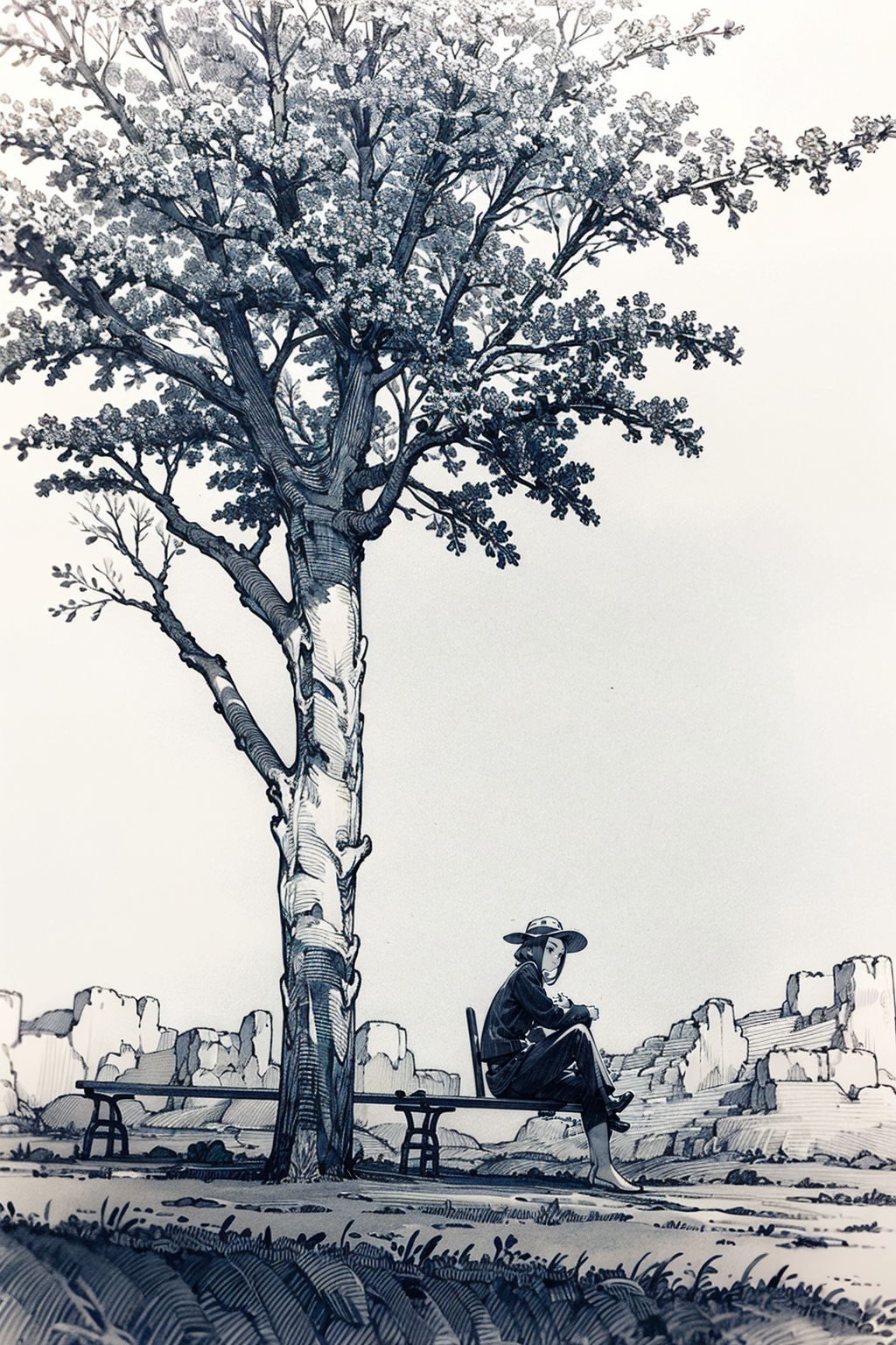02942-103757976-tree, bench, monochrome, grass, outdoors, sitting, solo, hat, 1girl, traditional media, scenery_lora_Pen Drawing Stylea_20230808.png